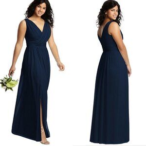 Dessy Collection Womens NWOT Blue Sleeveless Draped Chiffon Front Slit Gown Sz 6